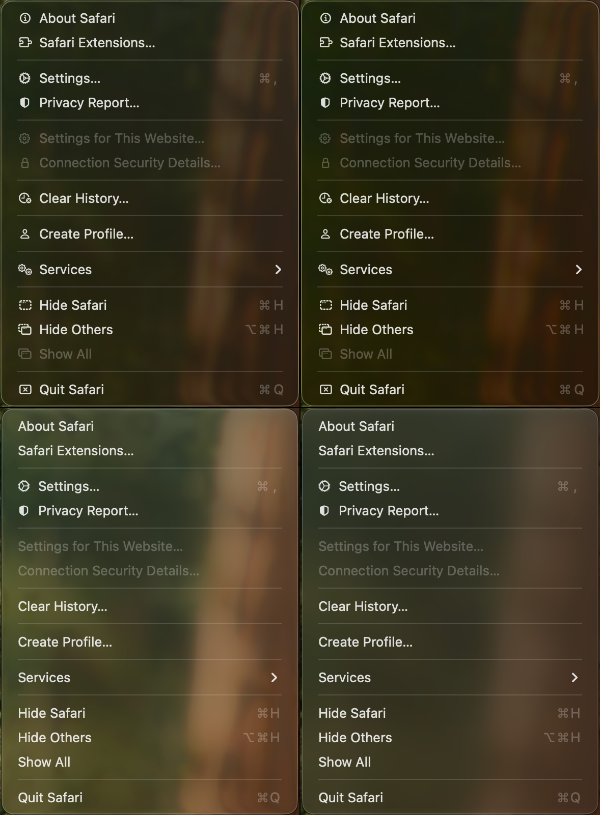 Four examples of an open menu from macOS 26 and 27.